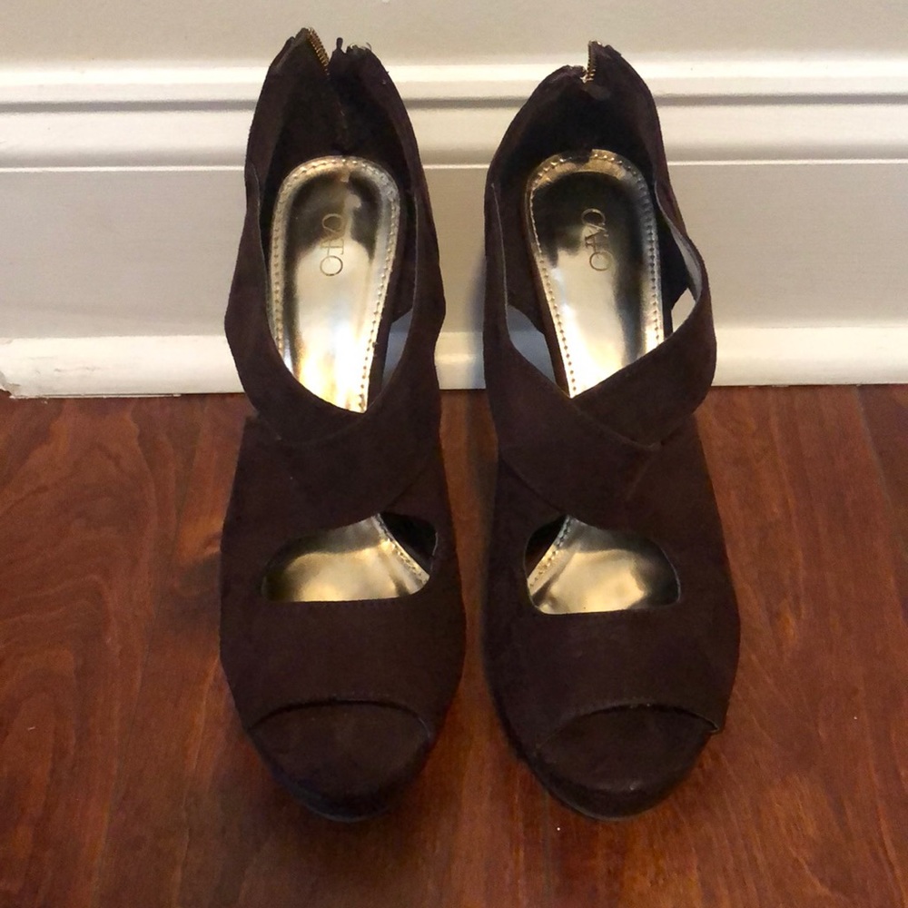 Brown suede open toe heels